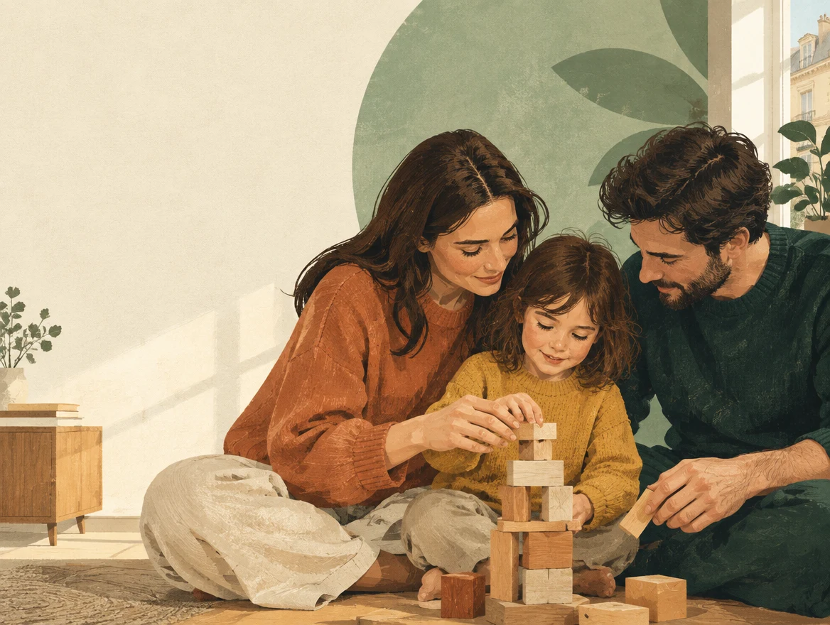 Illustration einer Familie, die gemeinsam einen Turm aus Holzklötzen baut.