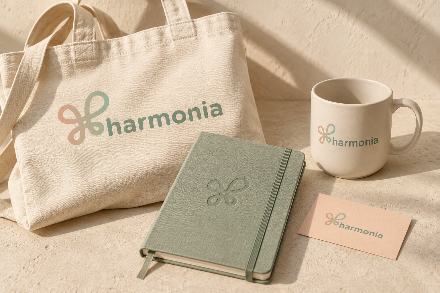 Harmonia logo applied to a natural canvas tote, sage notebook, ceramic cup and stationery.
